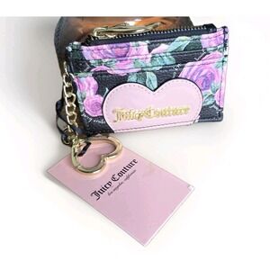 JUICY COUTURE FLAT  POCKET WALLET HEART KEYCHAIN ROSES ID HEART CHARM SLIM